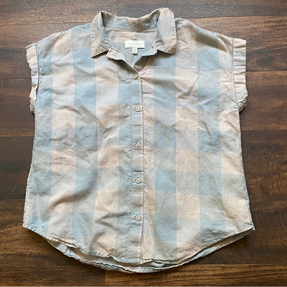 Lucky brand linen blend plaid button down muscle shirt collared size S - Picture 2 of 7